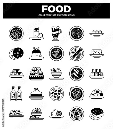 stylized. black and white food icons displayed on a clean white background.  A variety of culinary illustrations from desserts to savory dishes are presented in a grid layout.
