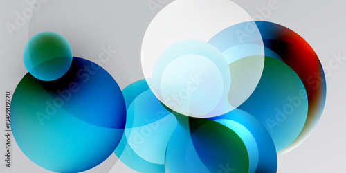 Abstract circles overlap, creating vibrant color blends. Soft gradients suggest depth, light interaction. Minimalist design, dark background.