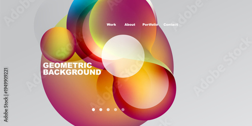 Abstract colorful shapes dominate design. Menu options present work, about, portfolio, contact. Gradient hues create modern aesthetic.