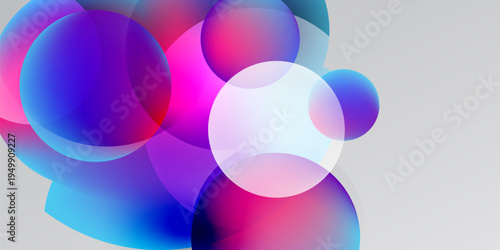 Abstract composition featuring overlapping translucent circles. Vivid blues, pinks, purples blend into light gray background. Modern design.