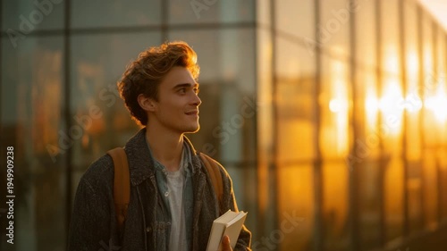 Student's contemplation: A thoughtful student stands before a modern building, bathed in the golden light of the setting sun, holding a book, a symbol of learning and the promise of the future.