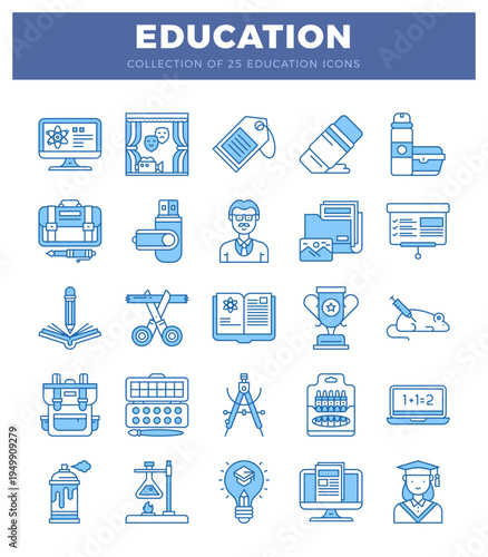 Education icons collection featuring school and learning symbols in a clean. blue outline design