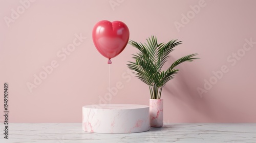 Pink 3D podium with a soft pink background, showcasing romantic products with a red heart design.