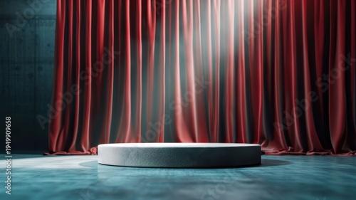 Red spotlight on stage podium with velvet curtains, designed for theatrical shows or VIP events with a concert-style platform.