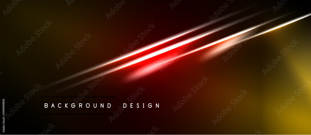 Naklejka premium Dark abstract background. Red light streak crosses golden hues. Minimalist design with text below. Modern, dynamic visual.