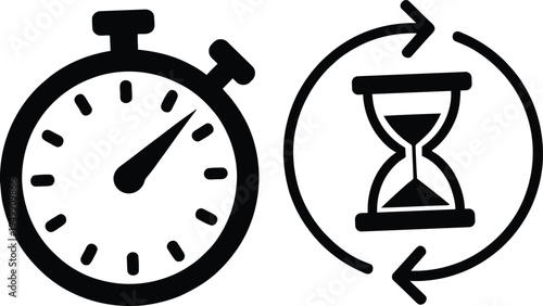 Contrast between a stopwatch and an hourglass with circular arrows indicating time flow