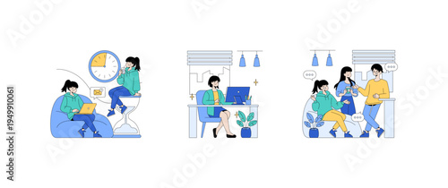 Remote Work and Office Collaboration Vector Illustrations