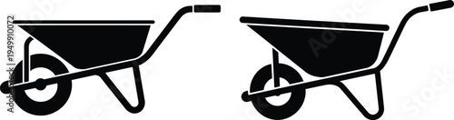 Two wheelbarrows facing opposite directions in black and white silhouette style