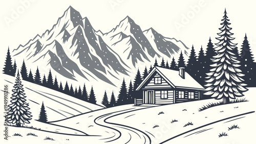 Snowy Alpine Valley with Cabins and Pine Forest Vector