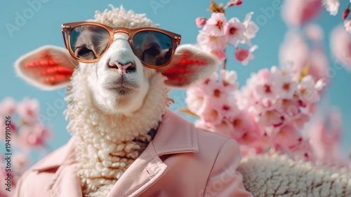 Stylish lamb in suit posing against blooming cherry blossoms.