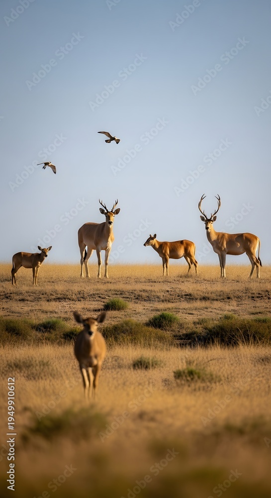 Fototapeta premium Herd of deer standing in a field under a clear blue sky