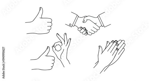 Minimalist Line Art Hand Gestures Vector Icons Set Isolated. Thumbs Up, Handshake, OK Sign, Clapping. isolated PNG with Transparent Background
