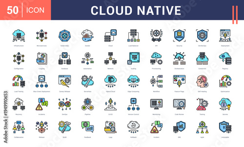 Cloud Native Icon Set. infrastructure, microservices, kubernetes, docker, cloud and more. Flat Line Style vector icons collection.