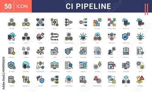 CI Pipeline Icon Set. ci process, build pipeline, version control, commit, code merge and more. Flat Line Style vector icons collection.