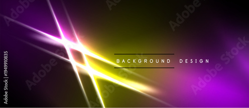 Abstract neon lights create dynamic gradient. Purple, gold hues blend, forming striking visual effect. Modern design element.