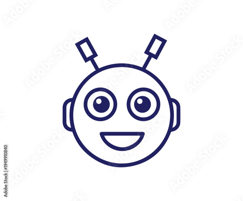 Cute blue cartoon robot with a friendly smile and single antenna.