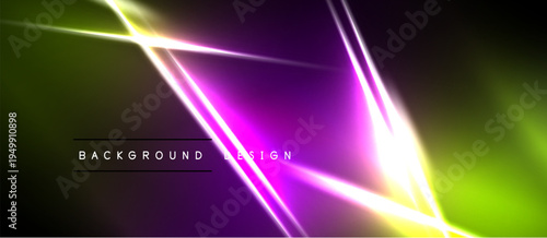 Bright neon lines create abstract geometric shapes. Vivid purple, green, yellow hues dominate dark background. Modern design element.