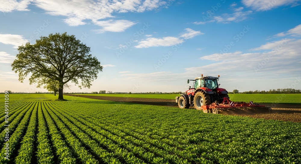Obraz premium Tractor plowing field near a large tree under blue sky agricultural landscape