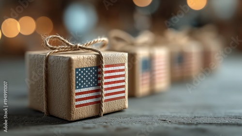 Package from a Small Business with an American Flag on a Rustic Wood Table Symbolizing Made in Usa Export Growth and Entrepreneurship Commerce