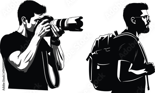 Photographer and traveler silhouette vector, camera and backpack illustration, exploration concept, cad drawing flat vector artwork design