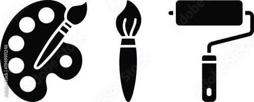 Artistic tools including a paint palette, brush, and roller for creative projects