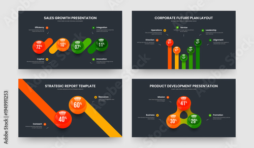 Consulting Briefing Four Five Two Three Option Graph Slideshow Design Vector Illustration Collection. Product Review 4 5 2 3 Element Chart Presentation Layout Set.