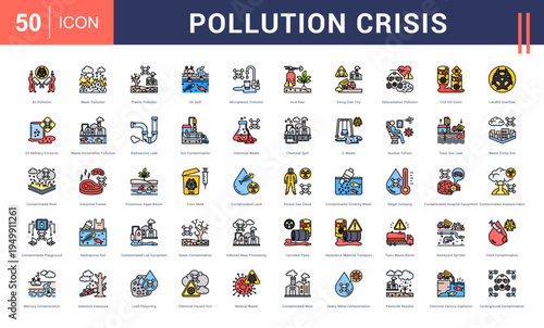 Pollution Crisis Icon Set. air pollution, water pollution, plastic pollution, oil spill, microplastic pollution and more. Flat Line Style vector icons collection.