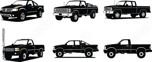 Pickup truck silhouette vector, side view vehicle illustration, modern and vintage truck design, black flat artwork, cad drawing flat vector