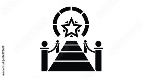 Black silhouette illustration of red carpet pathway leading to large central star and archway representing fame celebrity success and grand entrance.