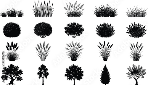 Plant and tree silhouettes collection, grass bushes shrubs and trees vector set, botanical nature elements isolated on white