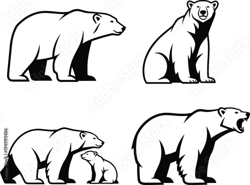Polar bear vector illustration, black and white wildlife drawing, CAD style animal sketch, flat design, roaring bear, cub pose