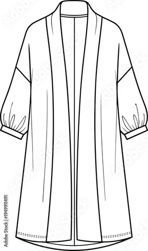 Poncho technical sketch, hooded cape, front zipper, wide sleeve, outerwear design, cad drawing flat vector illustration