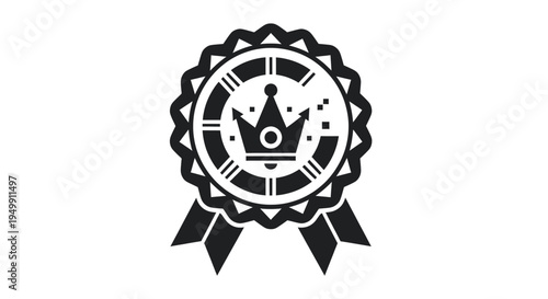Circular black emblem featuring royal crown symbol in center with decorative ribbons representing premium quality award and high excellence in service.