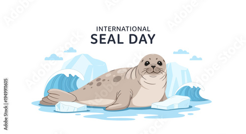 A cartoon seal lies on ice floes in Arctic waters with icebergs in the background on International Seal Day, promoting seal conservation awareness with a calm and educational mood.