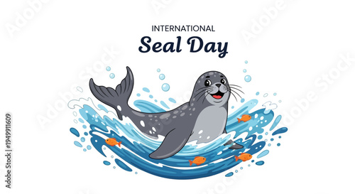 A cartoon seal swims playfully in wavy blue water with splashes and orange fish on International Seal Day, promoting seal conservation awareness with a joyful and educational design.