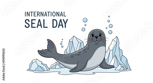 Illustration of a seal on icebergs with bubbles, celebrating International Seal Day with a vector design for marine mammal conservation awareness.