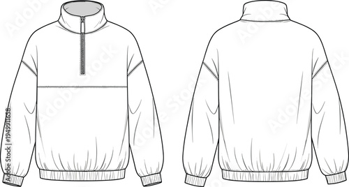 Pullover jacket technical sketch, fashion flat, high collar, partial zipper, ribbed cuffs, garment design, silhouette, apparel vector, CAD, illustration