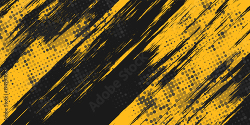 Black and yellow abstract background with brushstroke and halftone style.