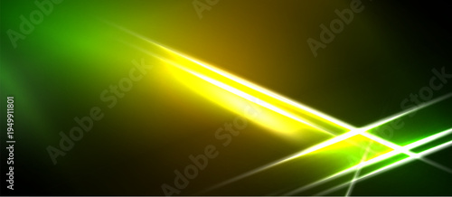 Abstract vibrant lines, green yellow hues dominate. Bright streaks intersect dark background creating dynamic visual effect.