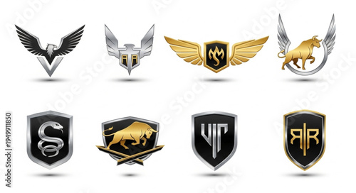 Collection of heraldic emblems featuring winged creatures and animal symbols.