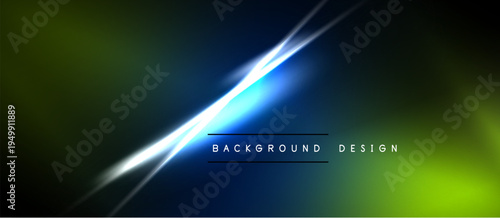Abstract background features vibrant blue light streaks over green, black gradients. Text reads background design. Modern, dynamic visual.
