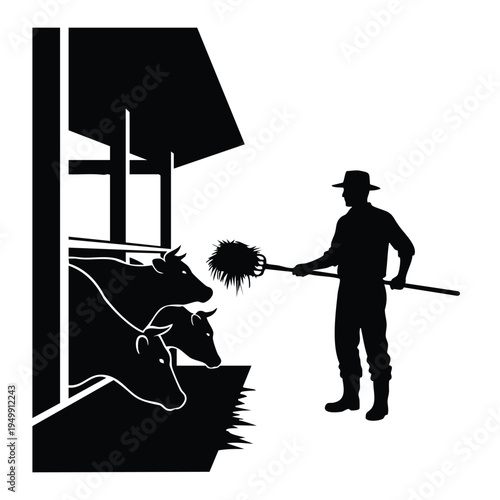 Farmer feeding silhouette cows in barn using pitchfork isolated