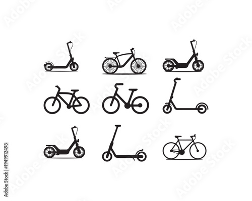 Group of black silhouette representing different types of bicycles and electric scooters in various poses and styles on a white