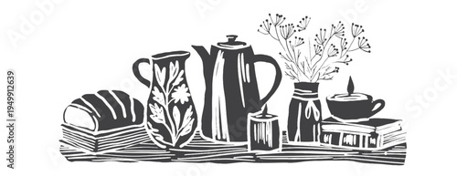 Cottagecore vintage black vector illustration of cozy home with teapot, cake, floral bouquet and books. Engraved ink drawing for witchy hygge decor, slavic folk village life aesthetic sketch