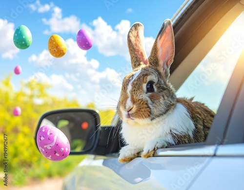 A brown and white rabbit peers out of a car window at colorful Easter eggs