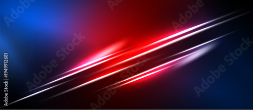 Abstract background features vibrant red, blue gradients. Diagonal lines create dynamic visual effect. Dark areas contrast bright streaks.