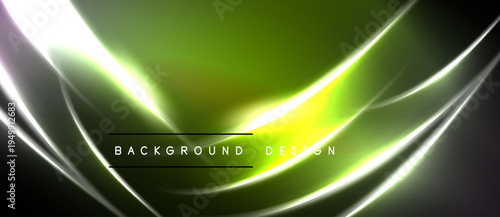Abstract neon glow, vibrant green hues dominate. Smooth waves create dynamic visual effect. Text reads background design.