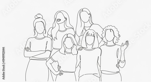 Group of diverse women standing together in line art style.