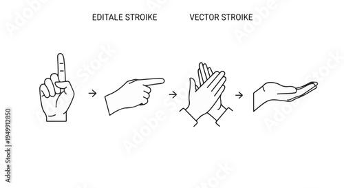 Set of Black Line Art Hand Gesture Icons with Editable Stroke Vector Graphics isolated PNG with Transparent Background