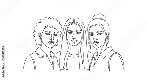 Three young women depicted in a line drawing illustration.